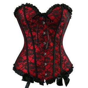 7314 Corset Satin Overbust Lace up Busiter Shapewear Outfit Red X-Large